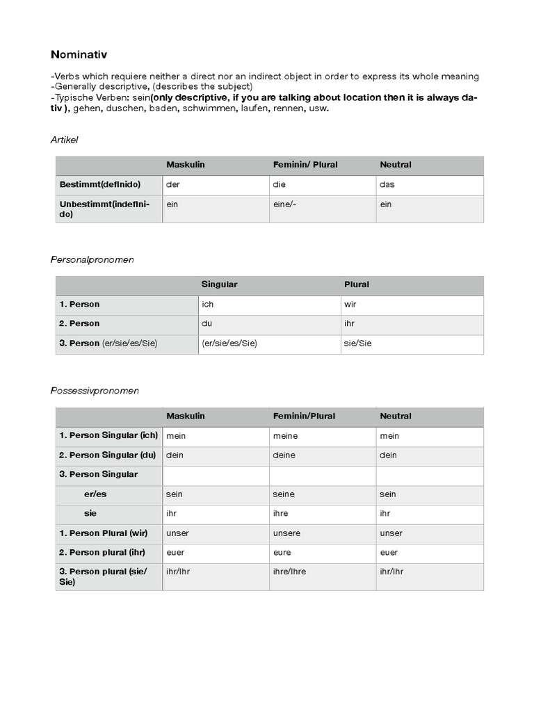 Die Fälle (Nom, Akk, Dat) Akkusativ | PDF