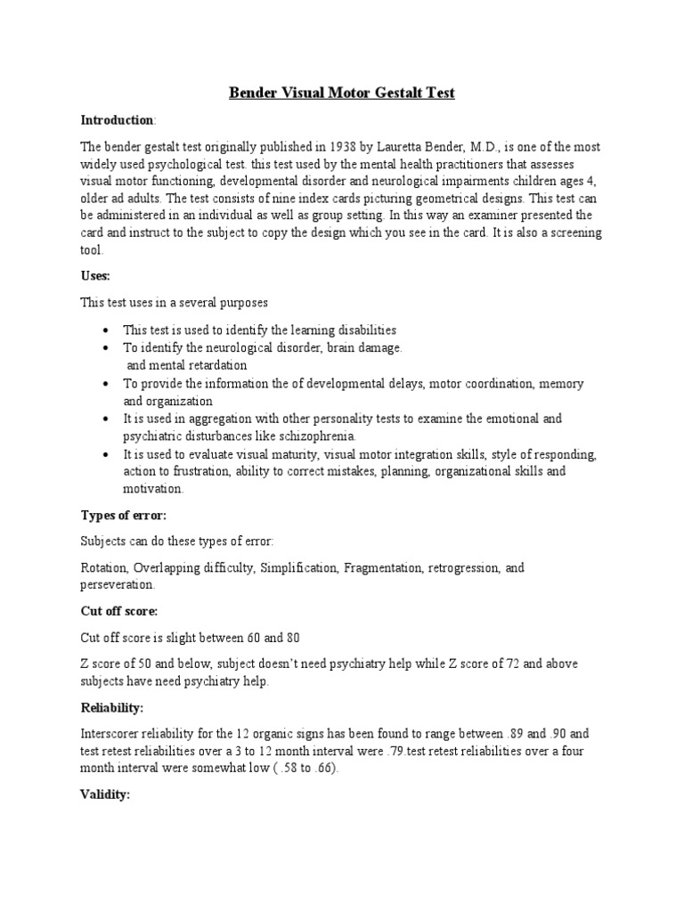 Bender Visual Motor Gestalt Test Overview | PDF | Career & Growth ...