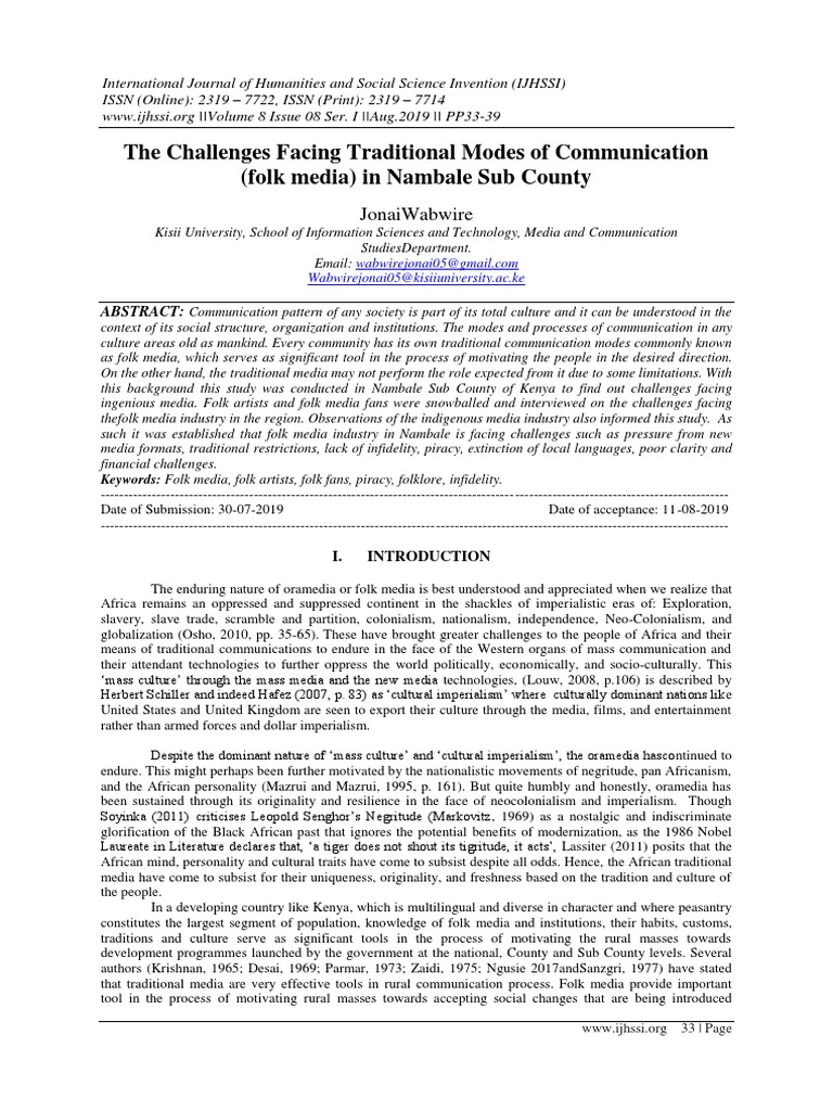 The Challenges Facing Traditional Modes of Communication (Folk Media