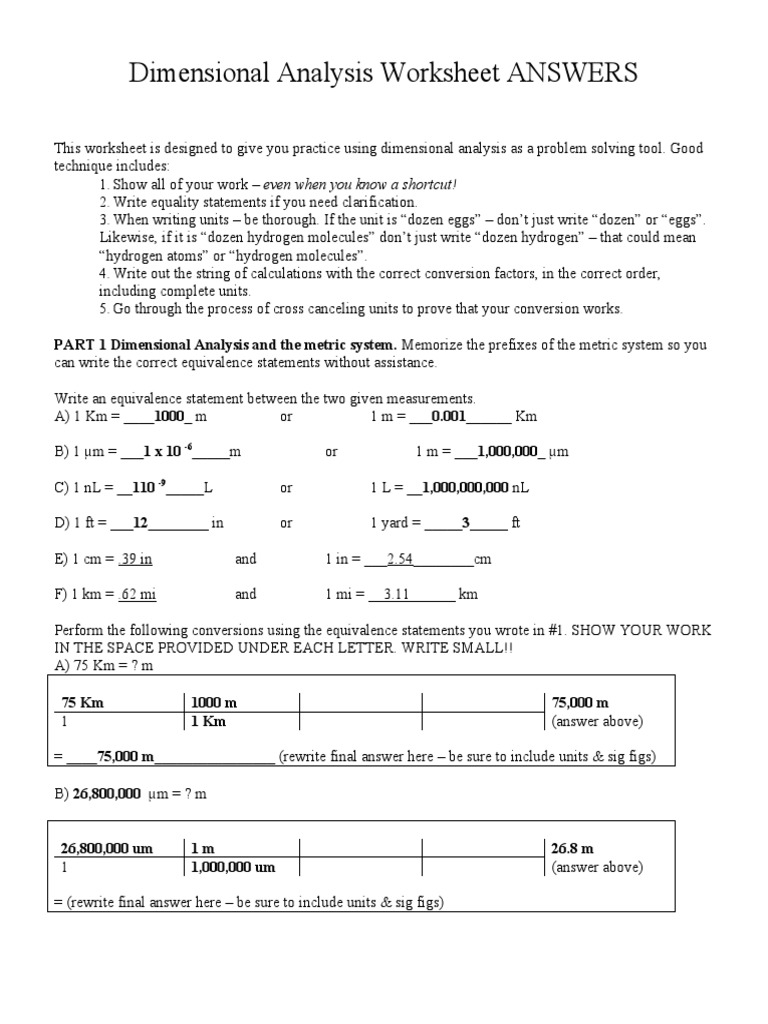 Dimensional Analysis KEY PDF