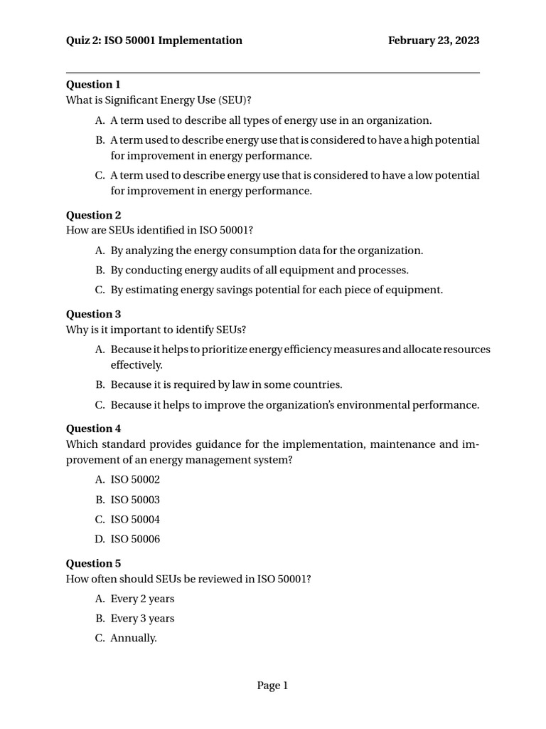 ISO 50001 Implementation Quiz | PDF | Energy Management | Energy ...