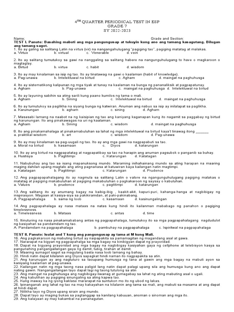 4 Quarter Periodical Test in Esp Grade 7 SY 2022-2023 | PDF