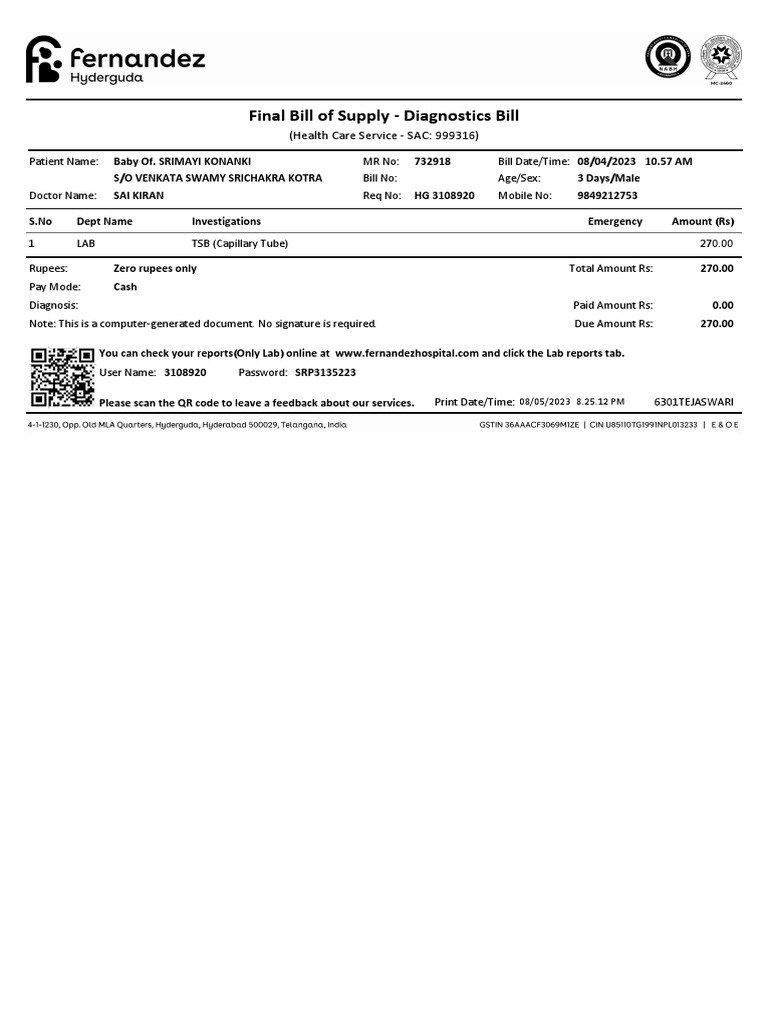 Diagnostic Bill for Newborn | PDF