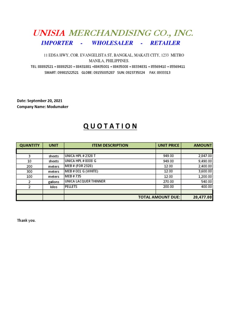 Unisia Merchandising Co. Quotation | PDF
