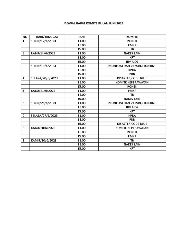 JADWAL RAPAT KOMITE BULAN JUNI 2023 | PDF