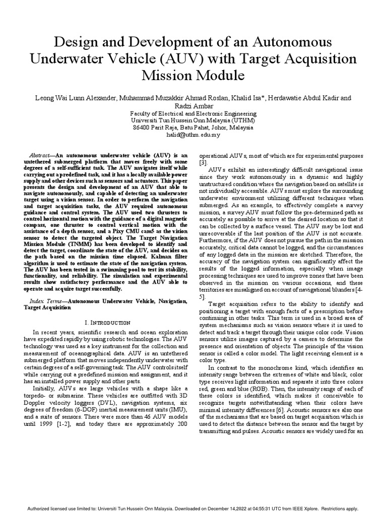 Design And Development Of An Autonomous Underwater Vehicle Auv With