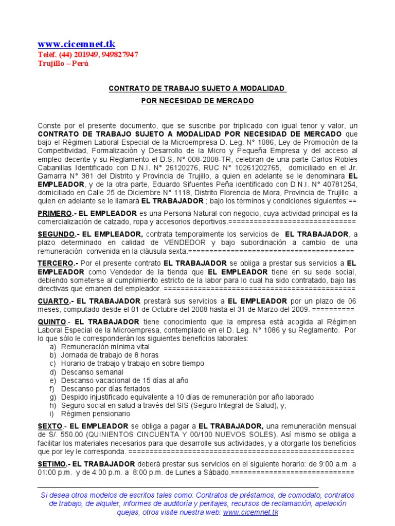 Modelo De Contrato De Trabajo Para A