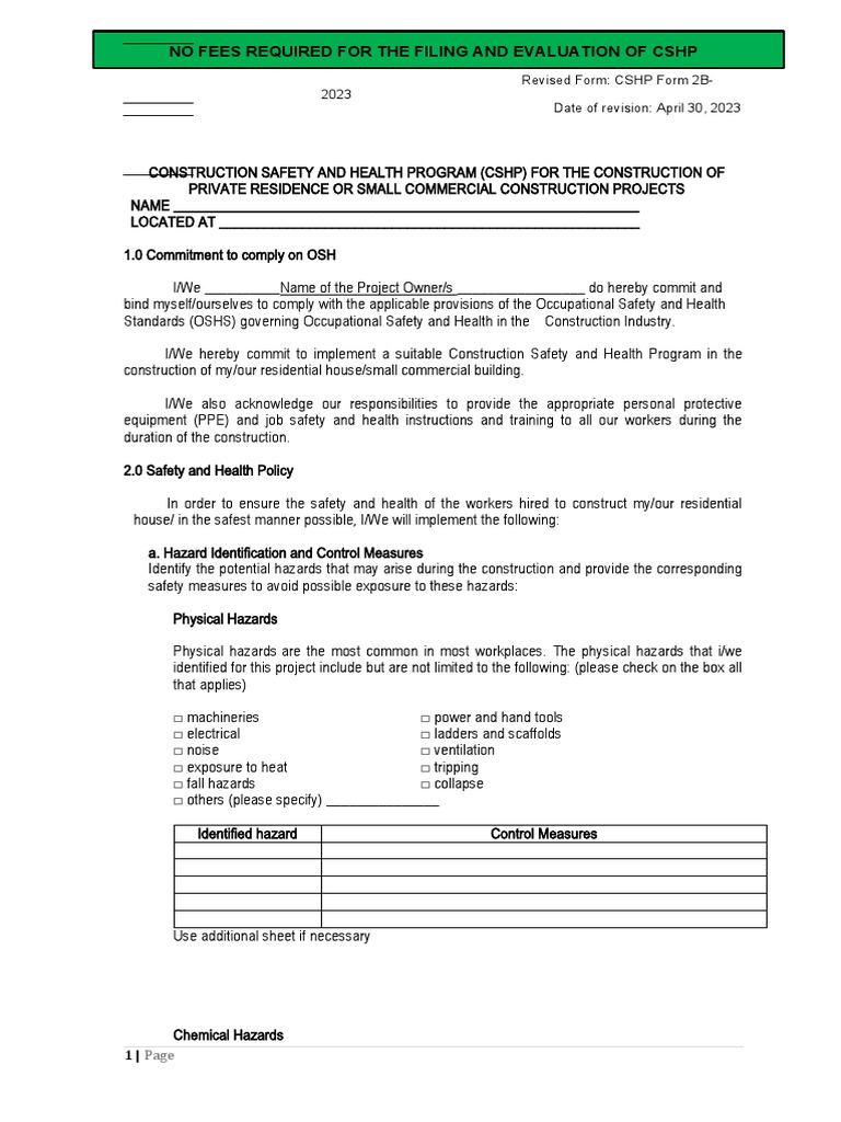 Form2B CSHP Template Residential Bldg | PDF | Occupational Safety And ...