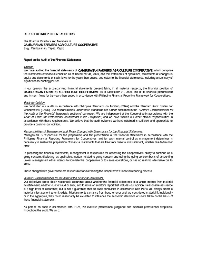 Camburanan Coop Audit Report 2020 | PDF | Going Concern | Financial Audit