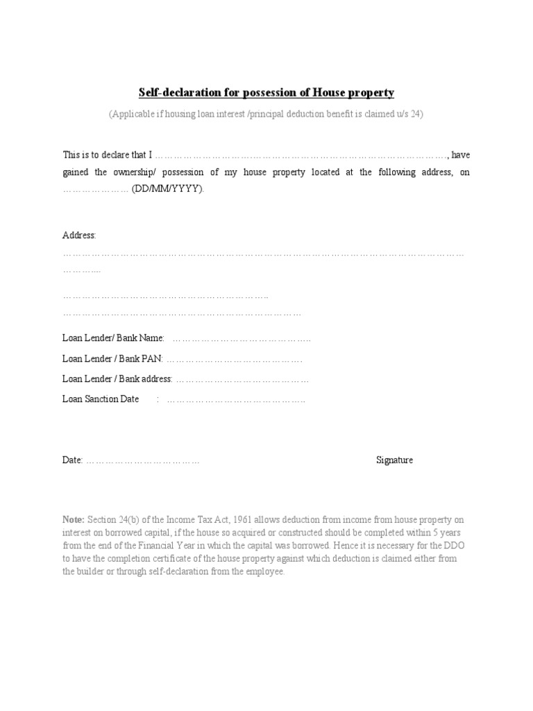 Self Declaration For Possession of House Property | PDF