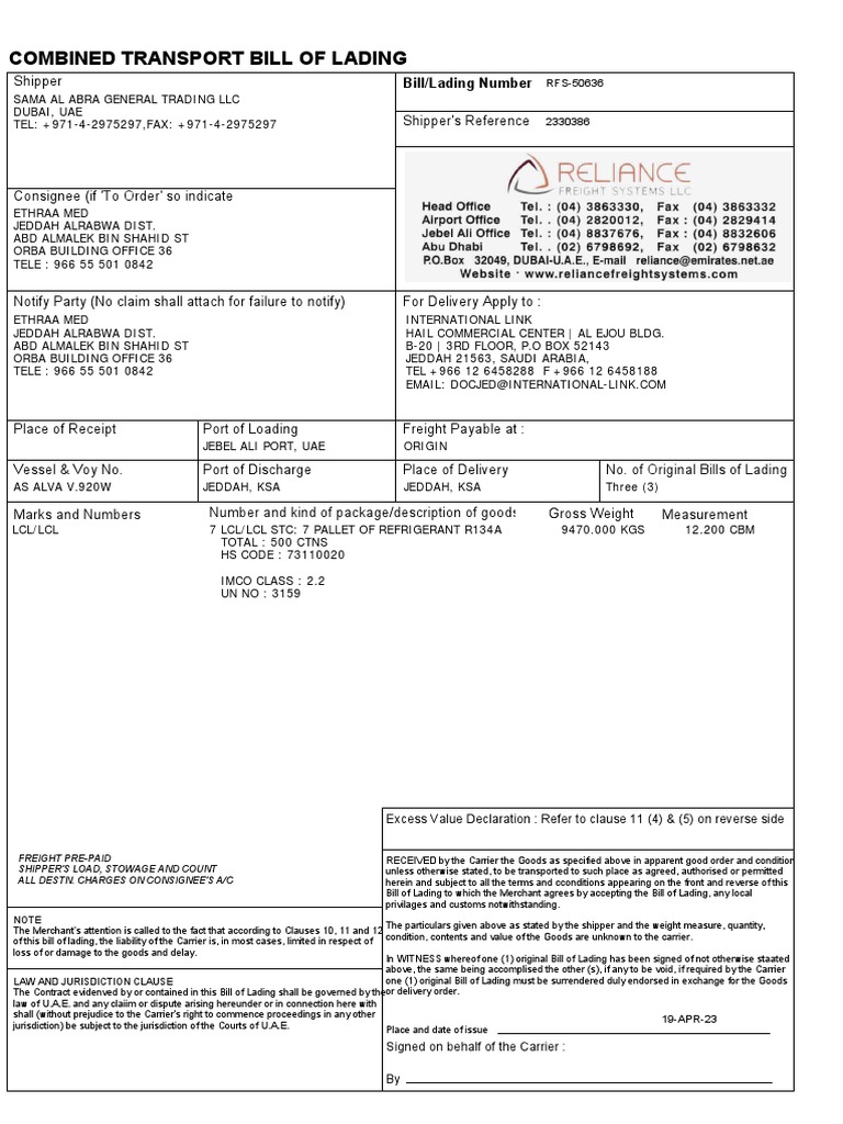 RFS Bill of Lading Overview | PDF