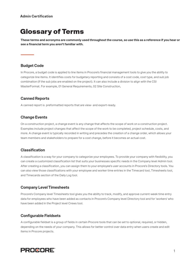 Procore Admin Certification Glossary | PDF