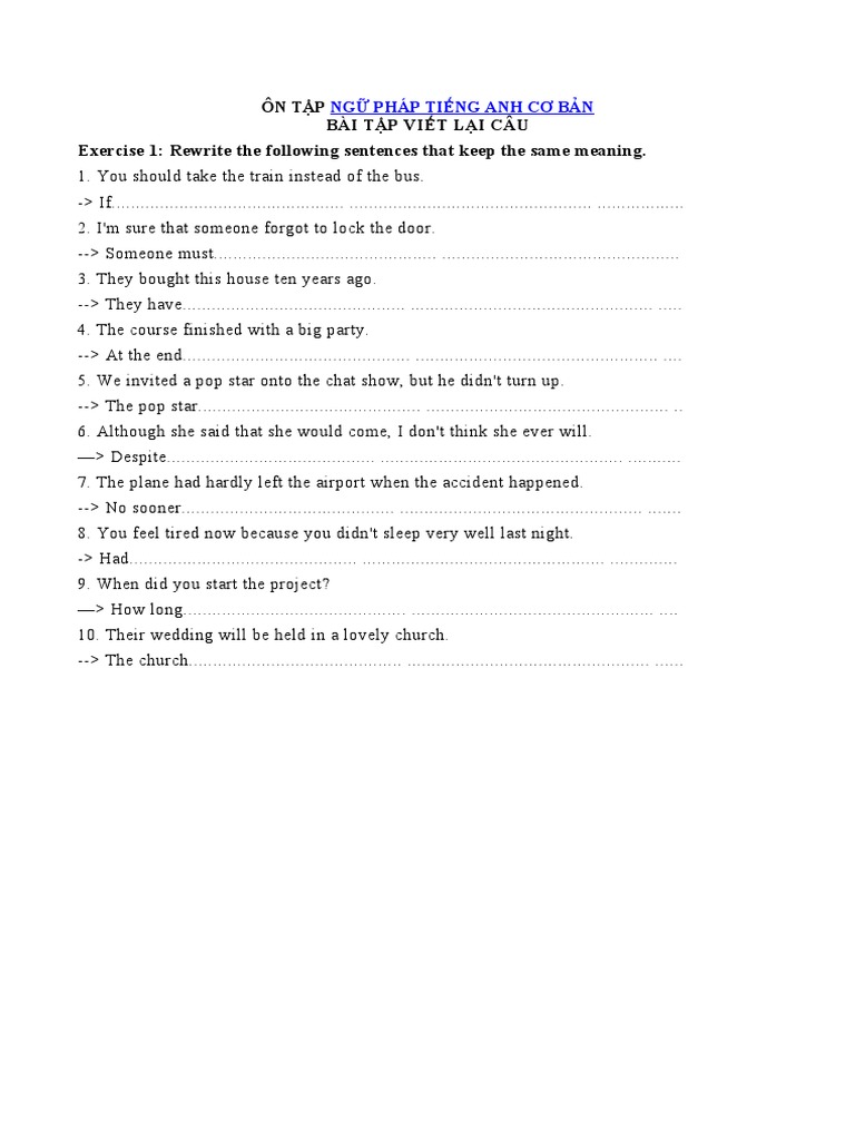 Bai Tap Viet Lai Cau Trong Tieng Anh Co Dap An | PDF