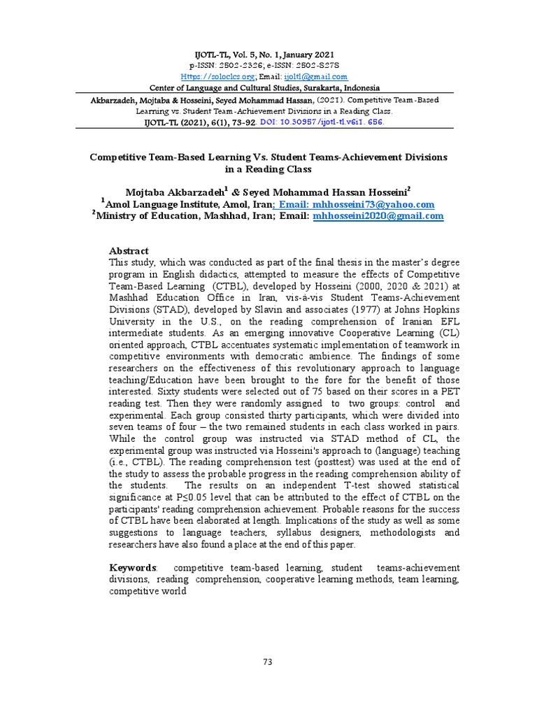 Competitive Team Based Learning vs. Students Teams Achievement Division ...