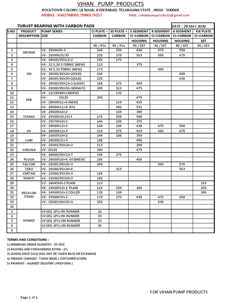 VIHAN Thrust Bearing Price List PDF
