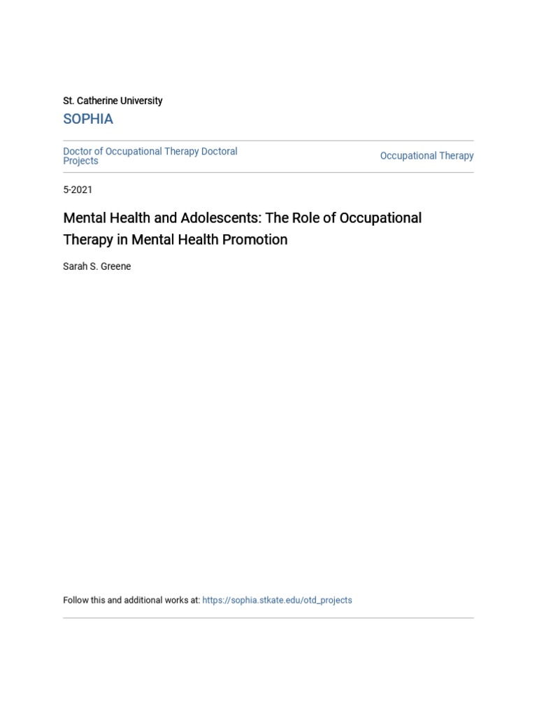 Mental Health and Adolescents - The Role of Occupational Therapy I | PDF