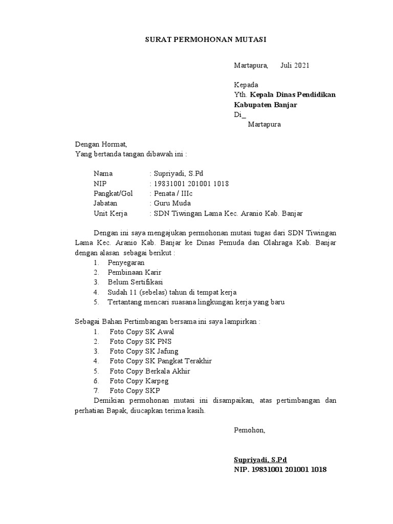 Surat Permohonan Mutasi Pdf