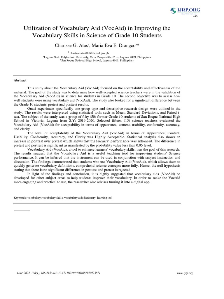 Utilization of vocabulary aid vocaid in improving the vocabulary