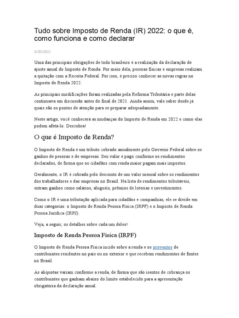 Imposto de Renda 2022: Guia Completo | PDF | Imposto de Renda | Impostos