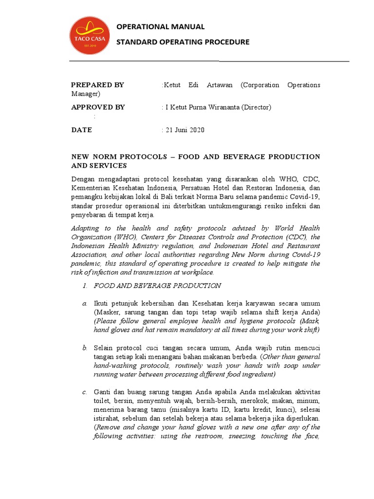 Lampiran 9 New Norm Protocols Food and Beverages (Production and