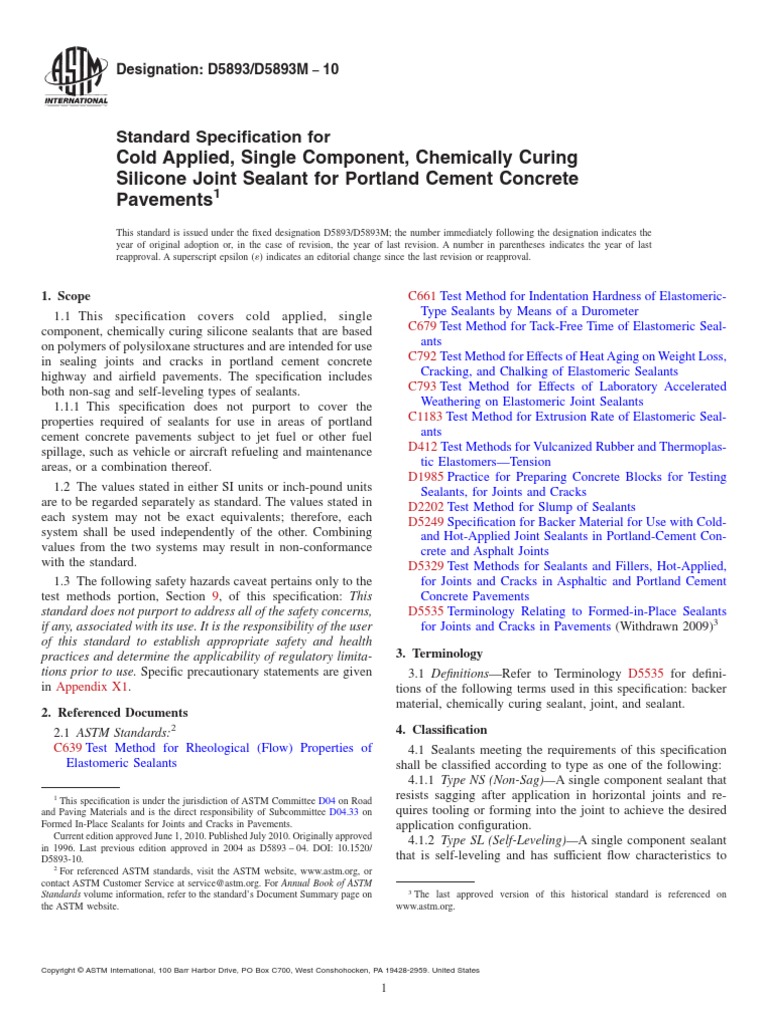 D5893D5893M10 Specification For Cold Applied, Single Component