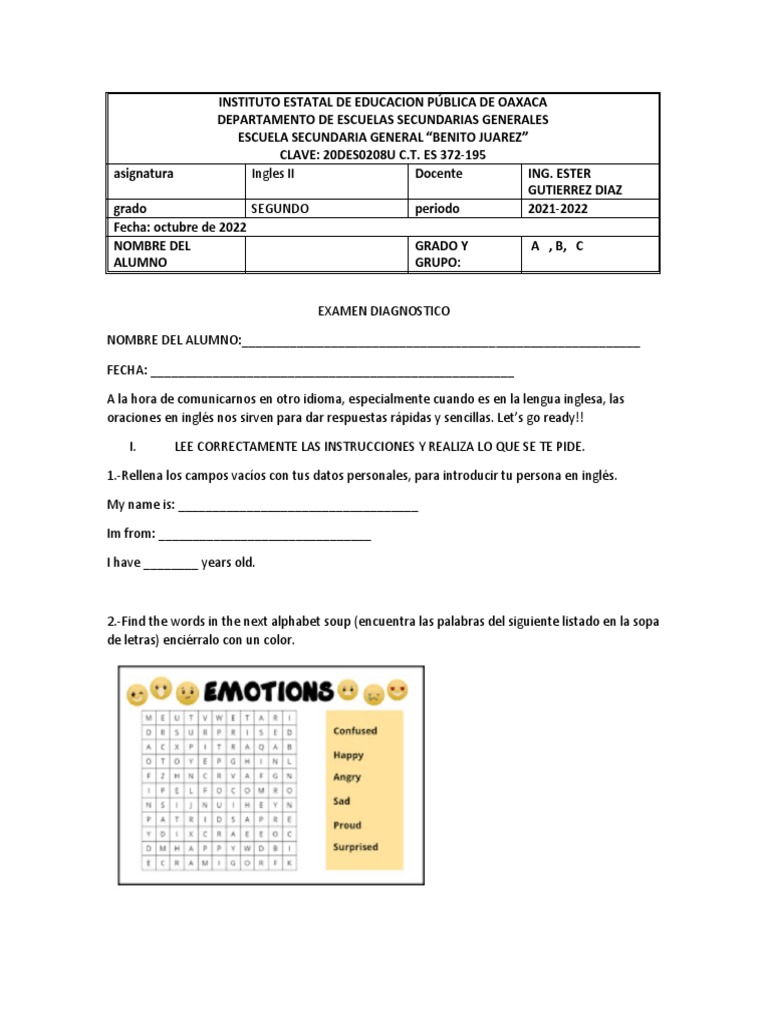 Examen Diagnostico English II PDF