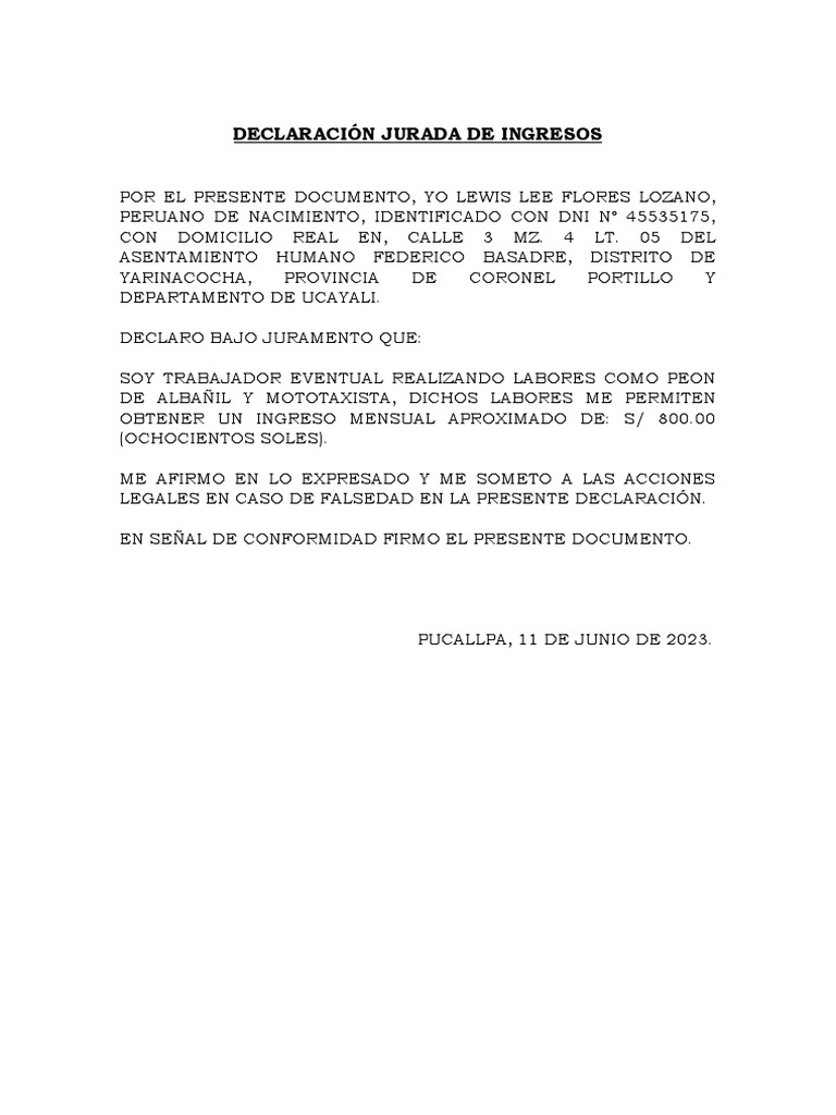 Declaración Jurada de Ingresos: S/ 800.00 | PDF | Ciencias sociales ...