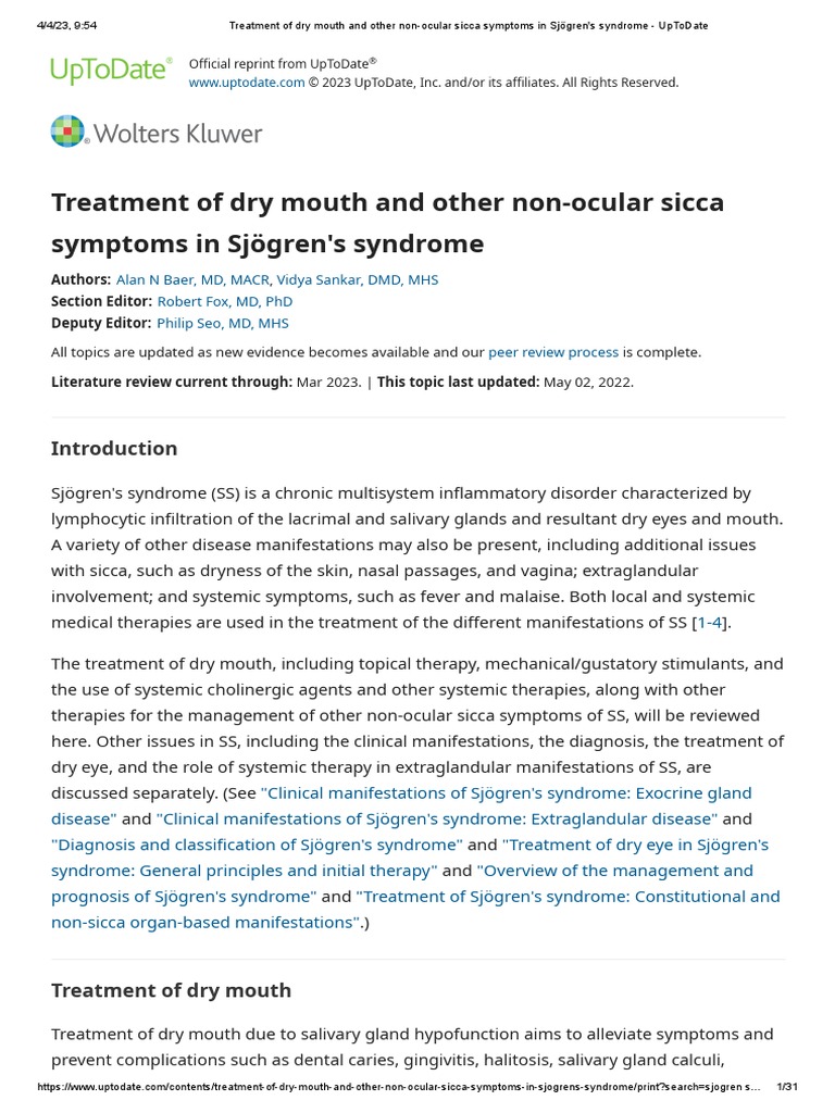 Treatment of dry mouth and other nonocular sicca symptoms in Sjögren's