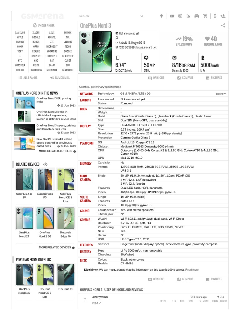 OnePlus Nord 3 - Full Phone Specifications | PDF | Mobile Phones ...