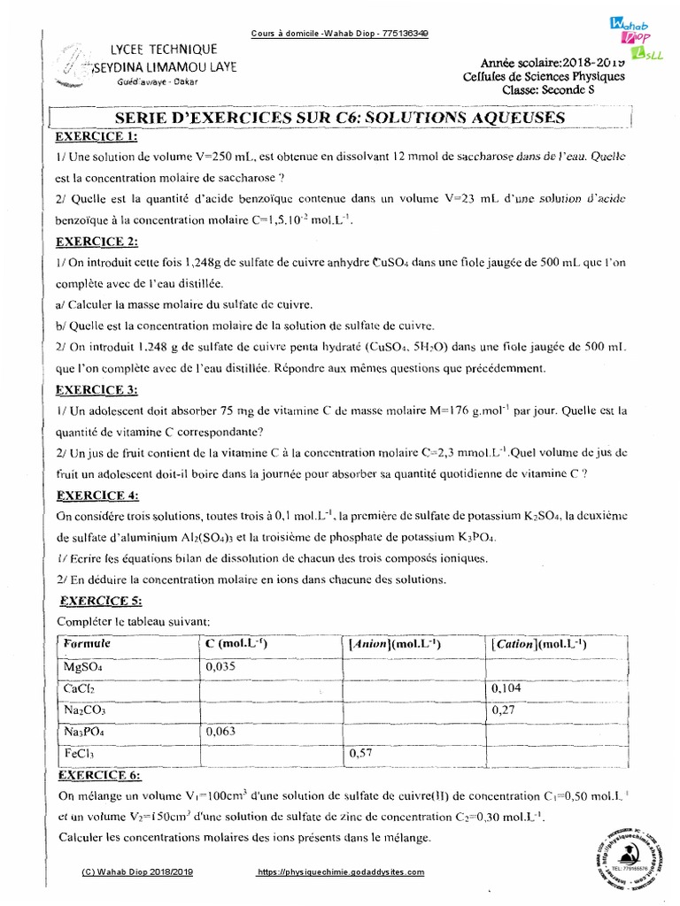 Exercices sur les solutions aqueuses | PDF