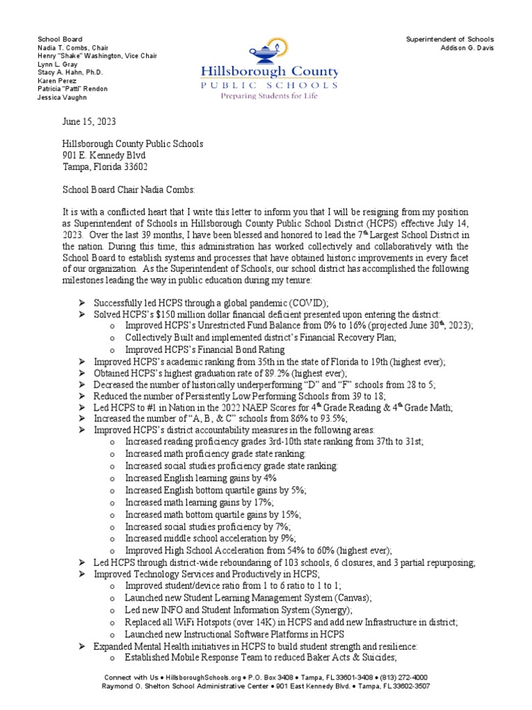 Hillsborough County Superintendent Addison Davis Resignation Letter Pdf