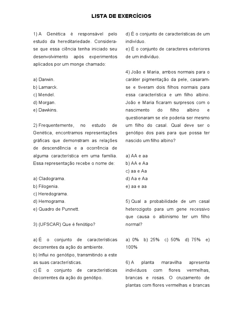 Exercícios de Genética Básica 9º Ano | PDF | Ciências e Matemática