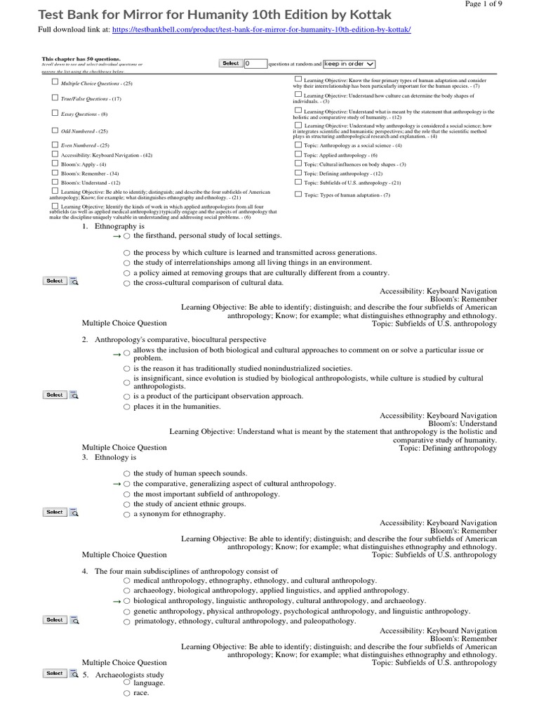 Test Bank For Mirror For Humanity 10th Edition by Kottak PDF