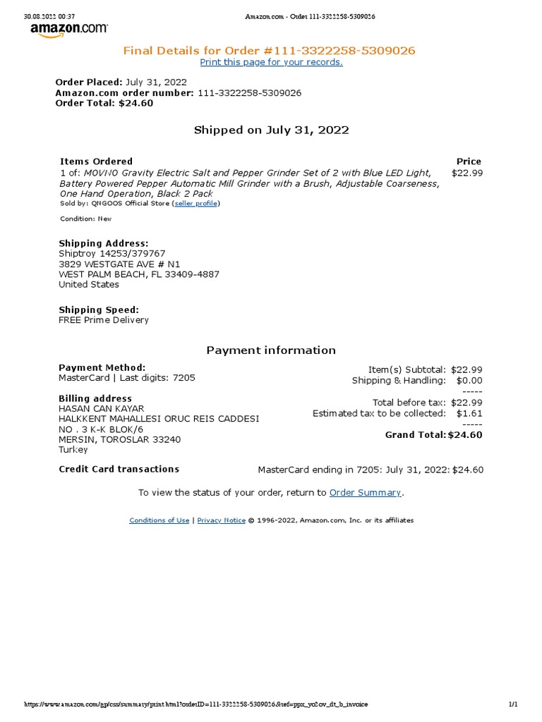 Amazon Order Summary For Grinder Set Pdf Service Industries Payments