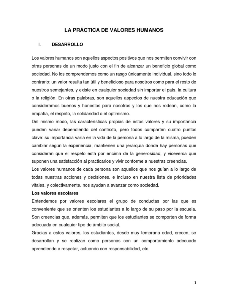 Práctica de Valores Humanos en la Escuela | PDF | Amor | Sociedad