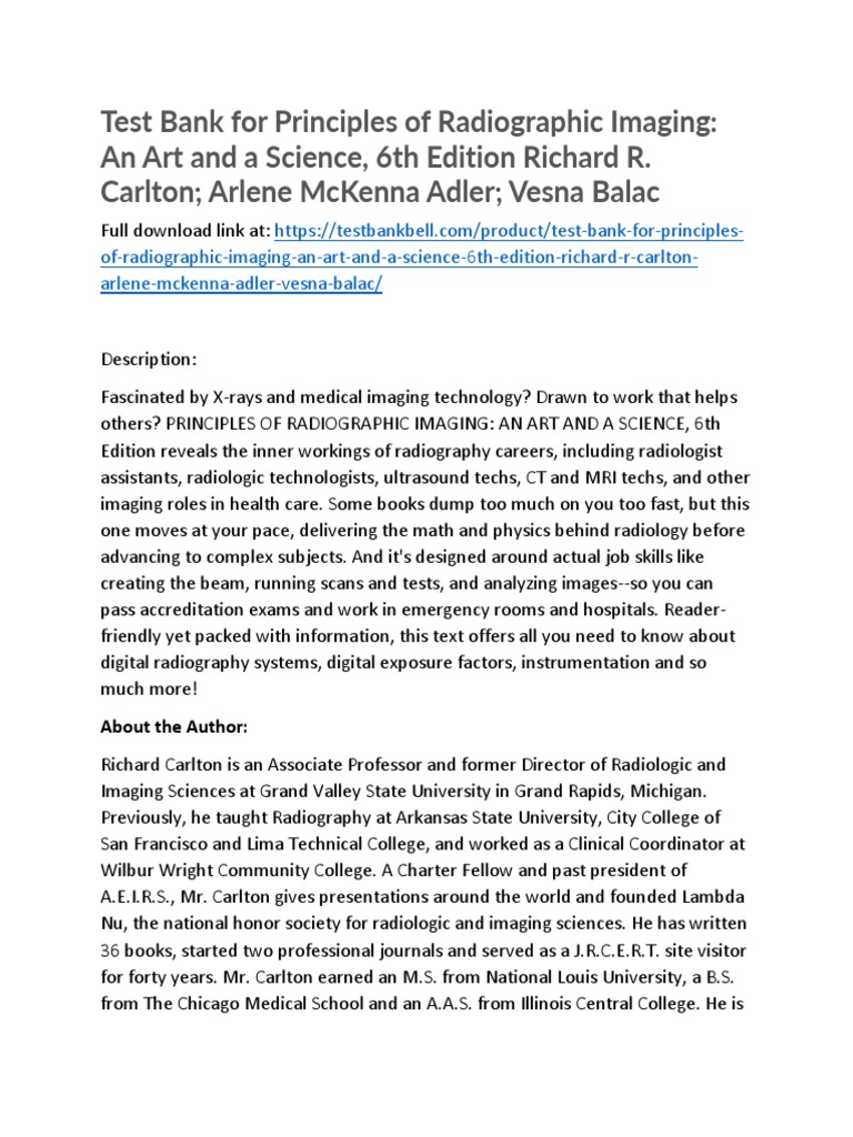 Test Bank For Principles of Radiographic Imaging An Art and A Science