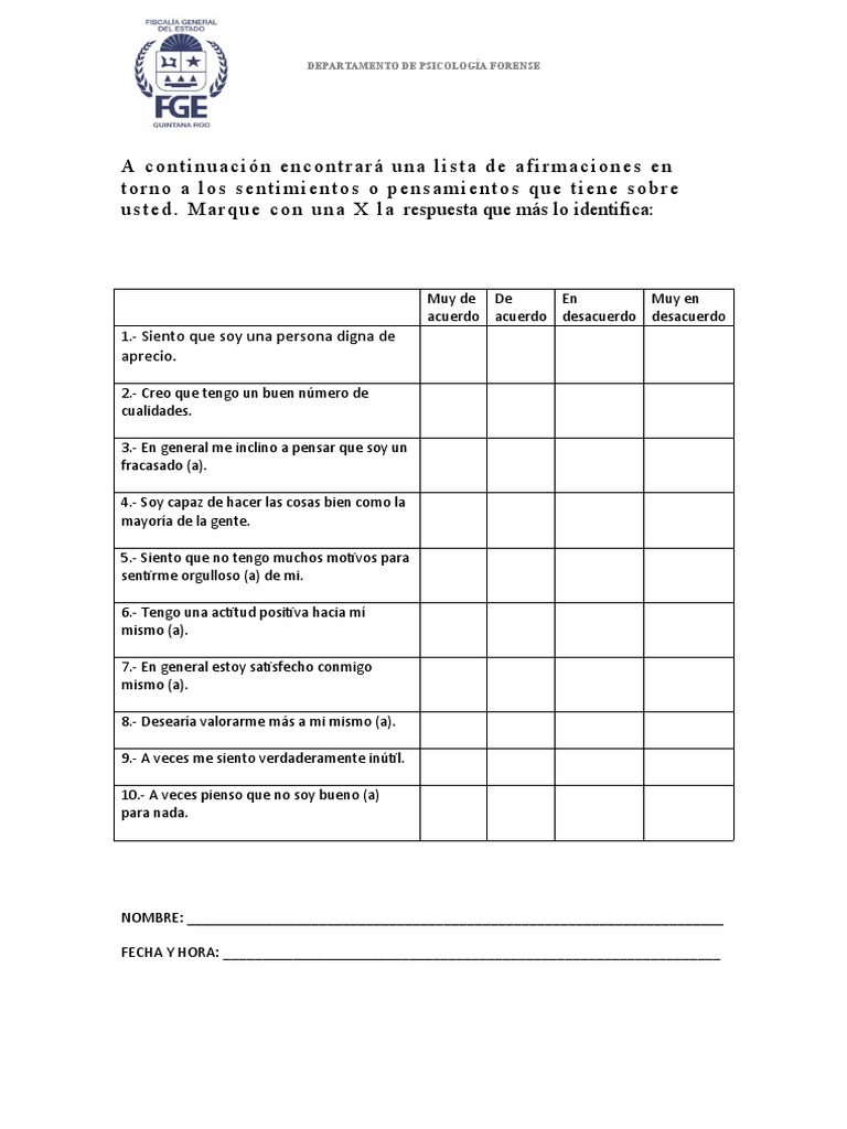 Escala Autoestima de Rosenberg | PDF