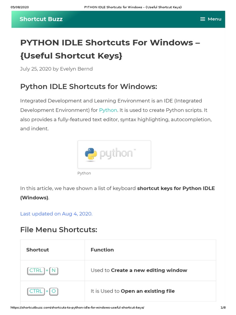 PYTHON IDLE Shortcuts for Windows PDF | PDF