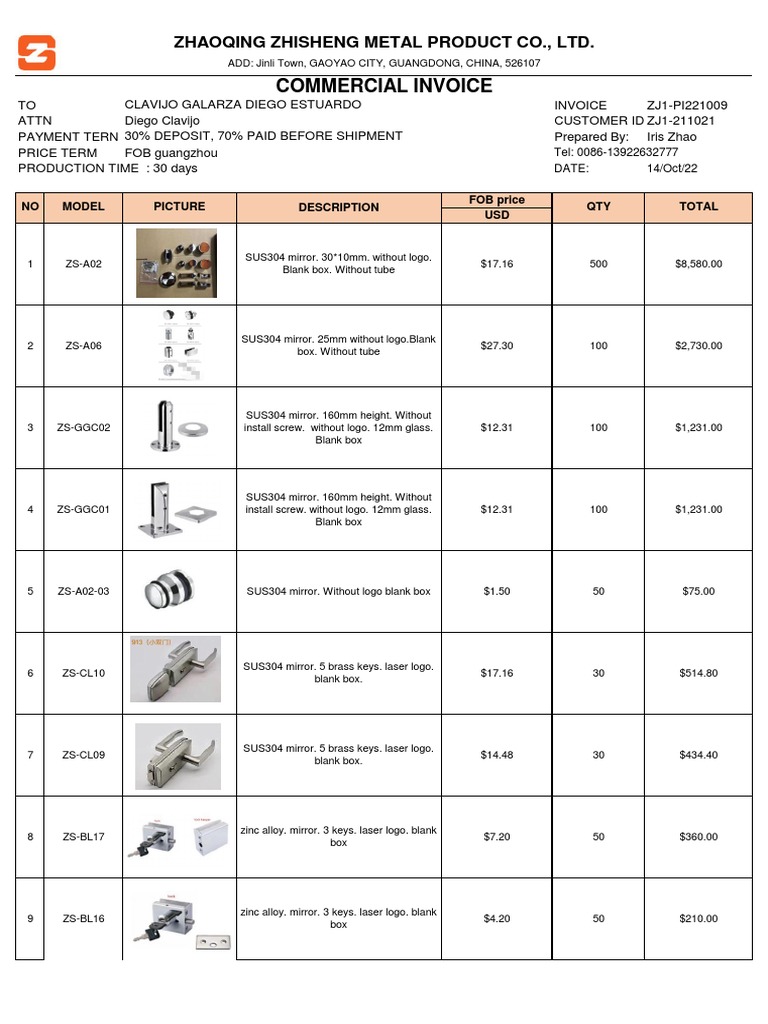Commercial Invoice: Zhaoqing Zhisheng Metal Product Co., LTD | PDF ...