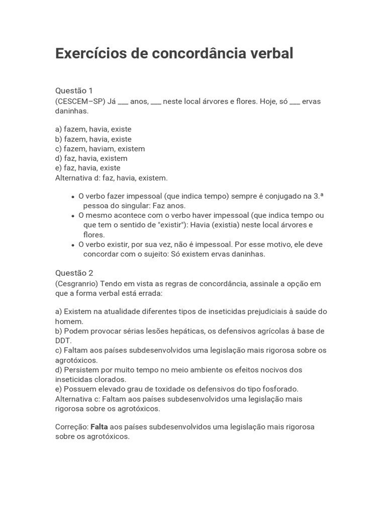 Exercícios de Concordância Verbal | PDF | Artes Linguísticas e Disciplina
