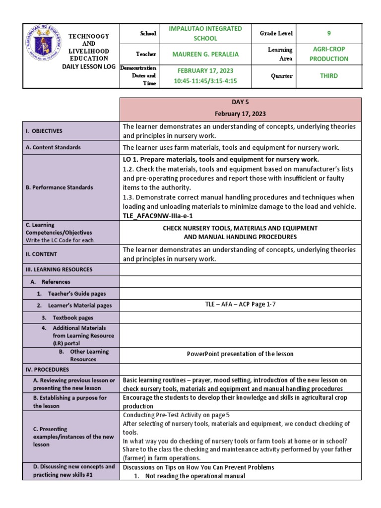 Daily Lesson Log LO 1. Prepare Materials, Tools and Equipment For