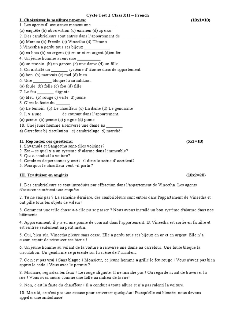 French Test for Class XII Students | PDF