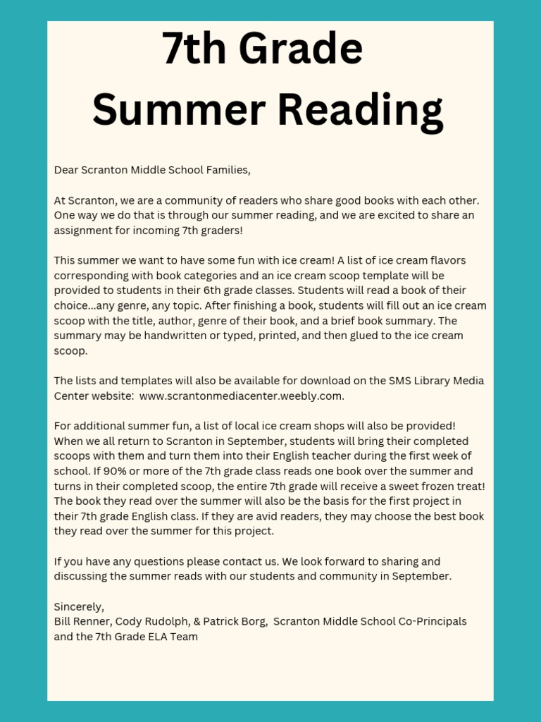 Scranton 7th Grade Summer Reading Plan | PDF | Language Arts & Discipline