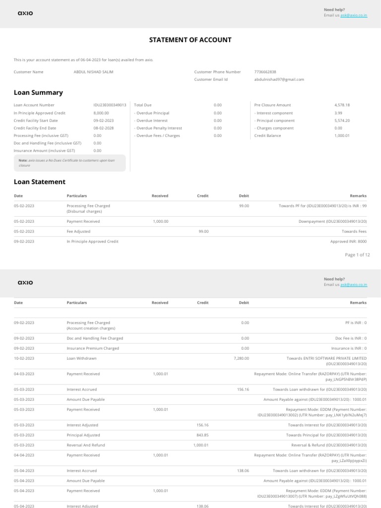 Statement of Account Email Us PDF Credit Card Loans