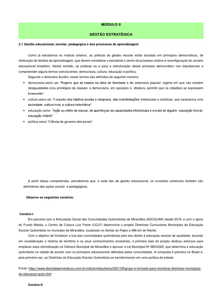 Curso Gestão Escolar MEC SEB - Módulo II | PDF | Pedagogia | Aprendizado