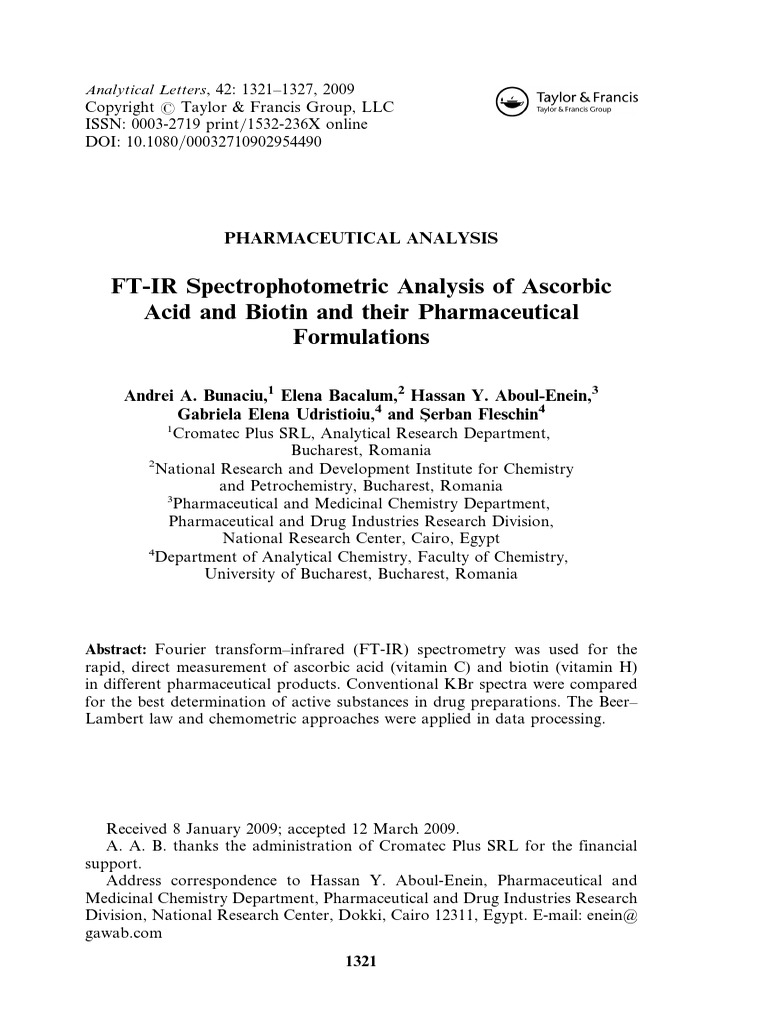 FTIR Spectrophotometric Analysis of Ascorbic Acid and Biotin and their Pharmaceutical