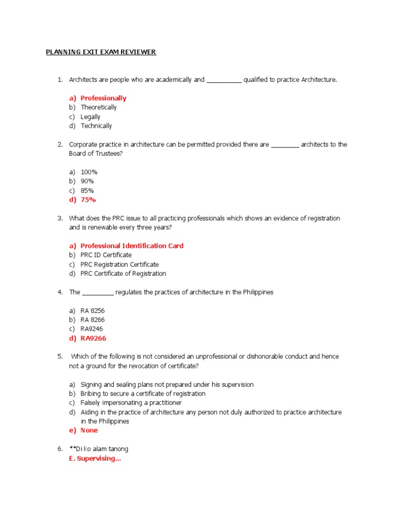 Planning Exit Exam Reviewer | PDF | Door | Architect