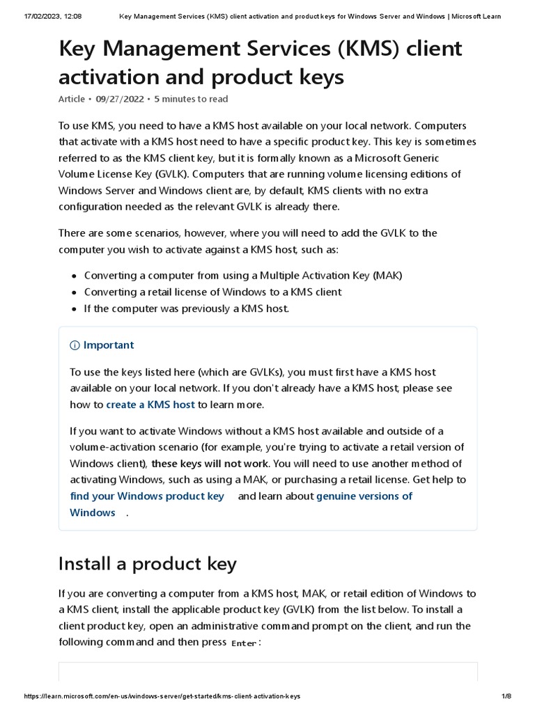 Key Management Services (KMS) Client Activation and Product Keys For 