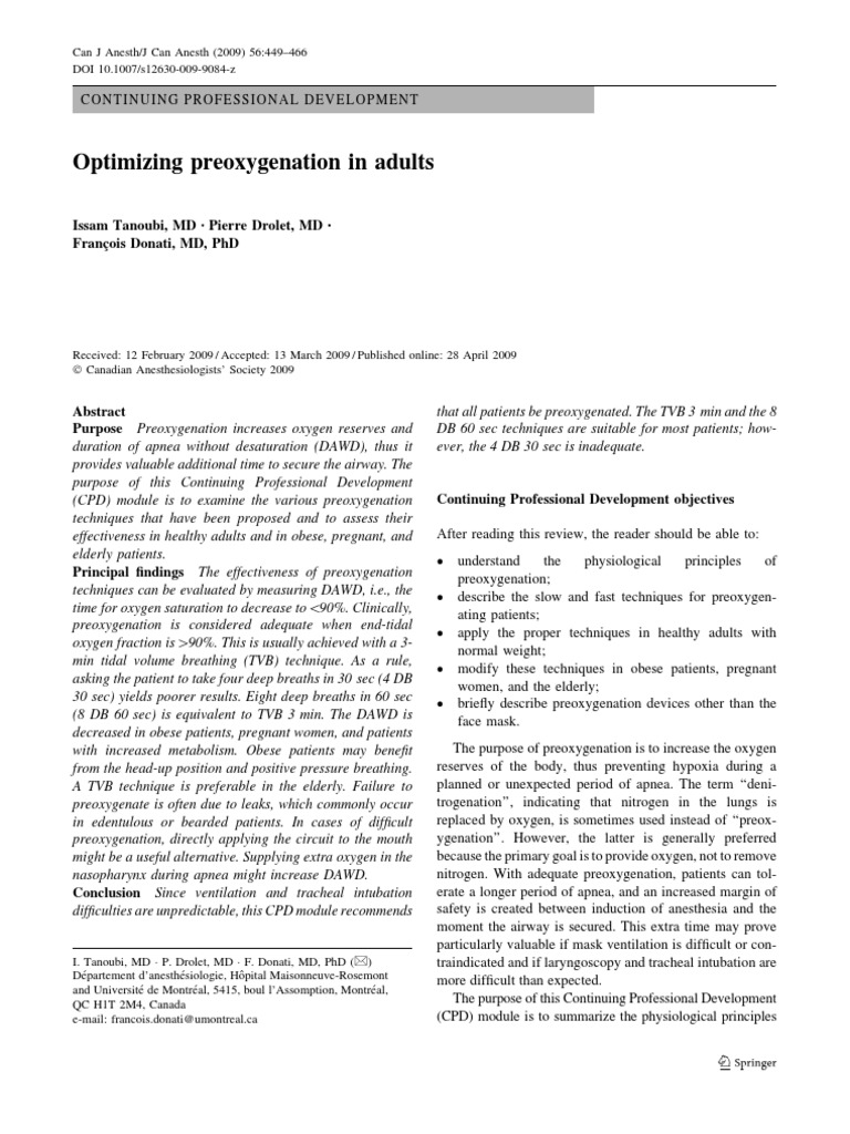 Optimizing Preoxygenation in Adults PDF Apnea Breathing