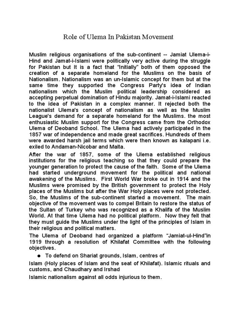Ulema's Role in Pakistan Movement | PDF | Pakistan Movement | Ulama